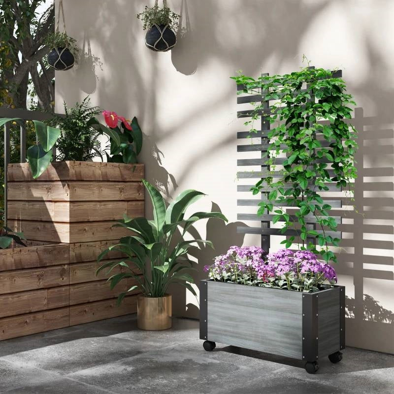 grey trellis planter Modern Farmhouse Grey Wood Raised Garden Bed Planter on Wheels with Tr –  Nate's Garden Supply