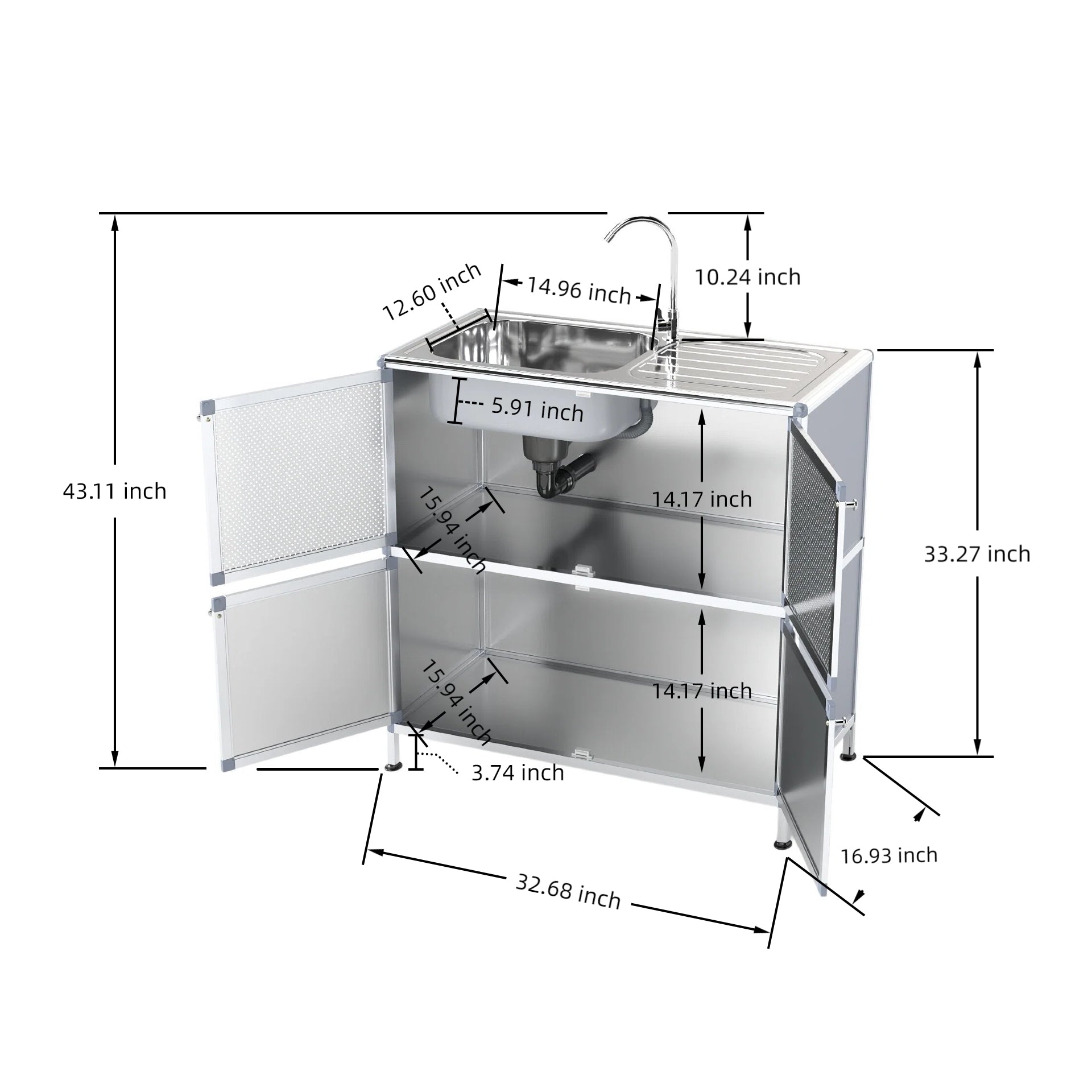 Utility Sink with Cabinet, Freestanding Utility Sink, Laundry Room Sink Cabinet, Outdoor Sink Station, Stainless Steel Utility Sink (32.68' D x 16.93' W x 33.27' H)