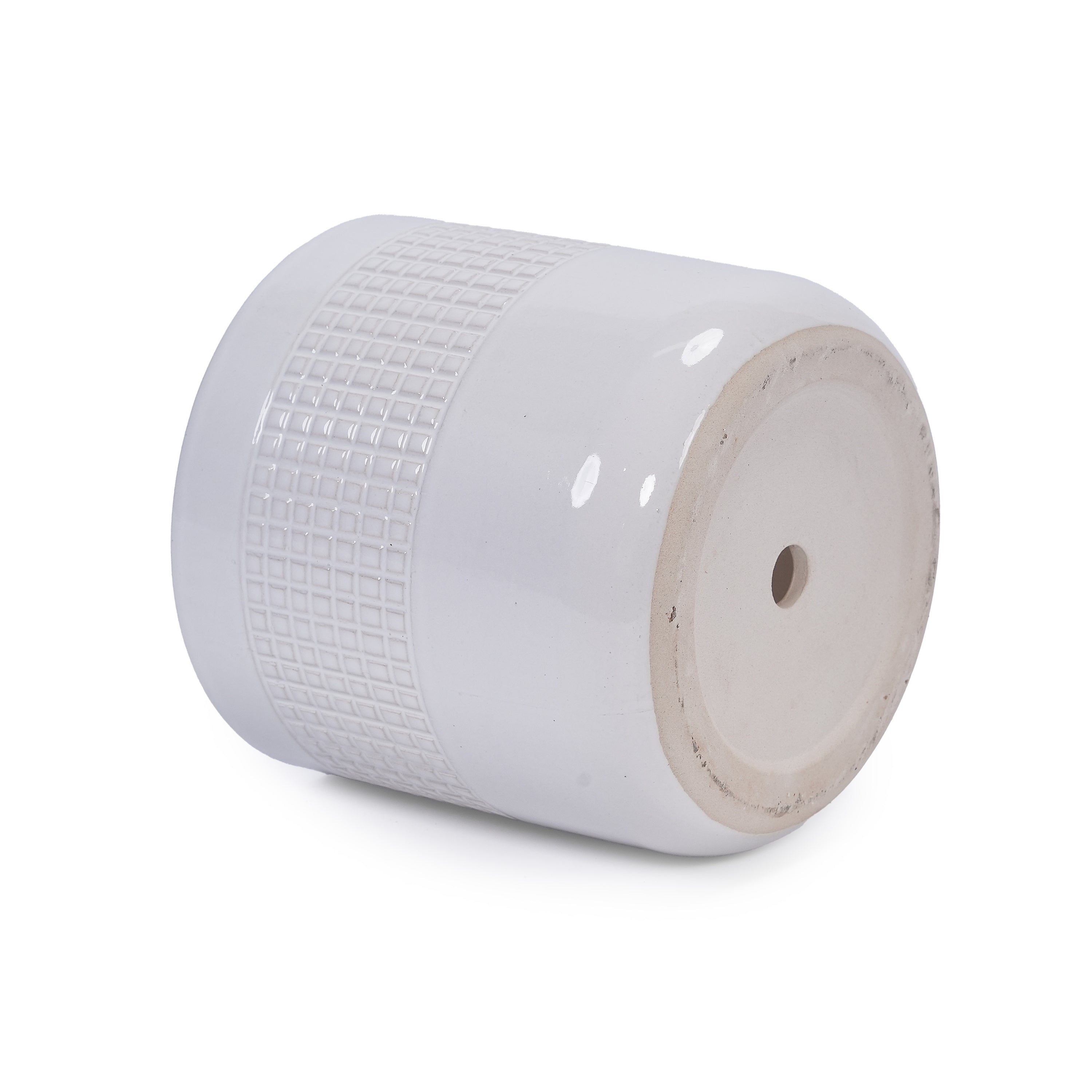 Set of 3 Grid Ceramic Flowerpot, Modern Planter for Patio, Garden, Windowsill - Ancient White