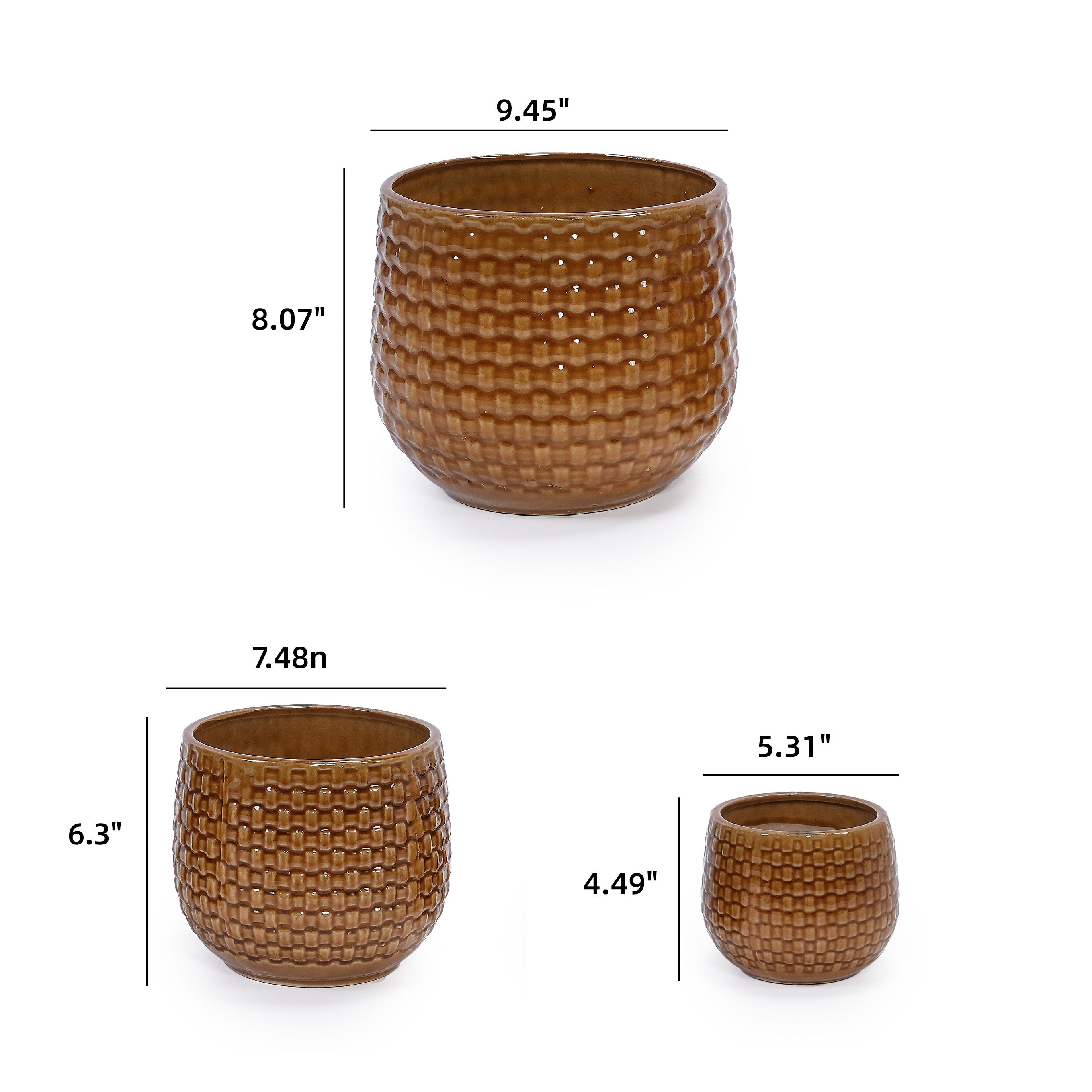 3 Pieces Ceramic Flowerpot, Modern Planter for Patio, Garden or Windowsills - Orange & Dark Brown