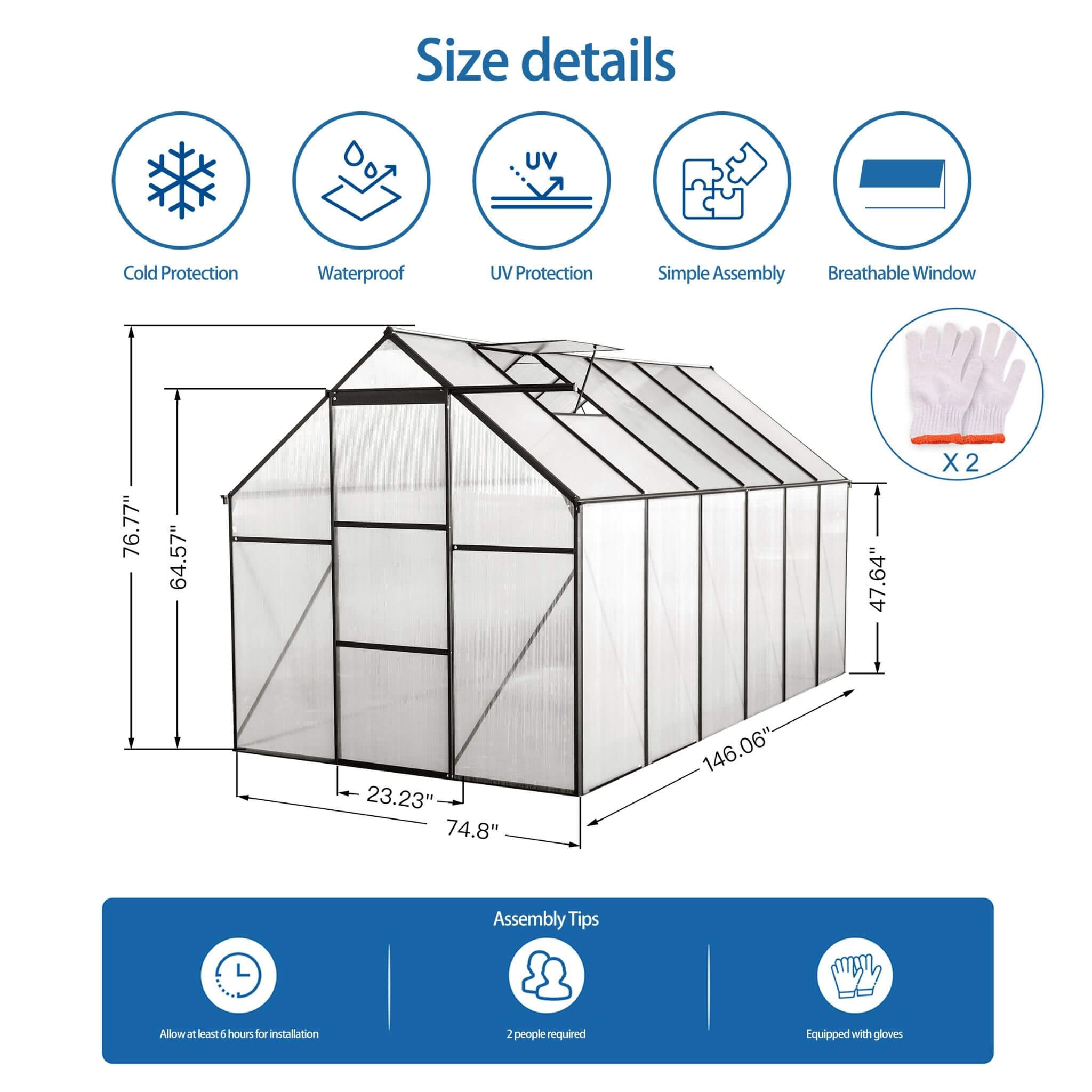 [06X12FT] Alora Heavy-Duty Black Polycarbonate Greenhouse With Raised Base And Anchor (SAK92451)
