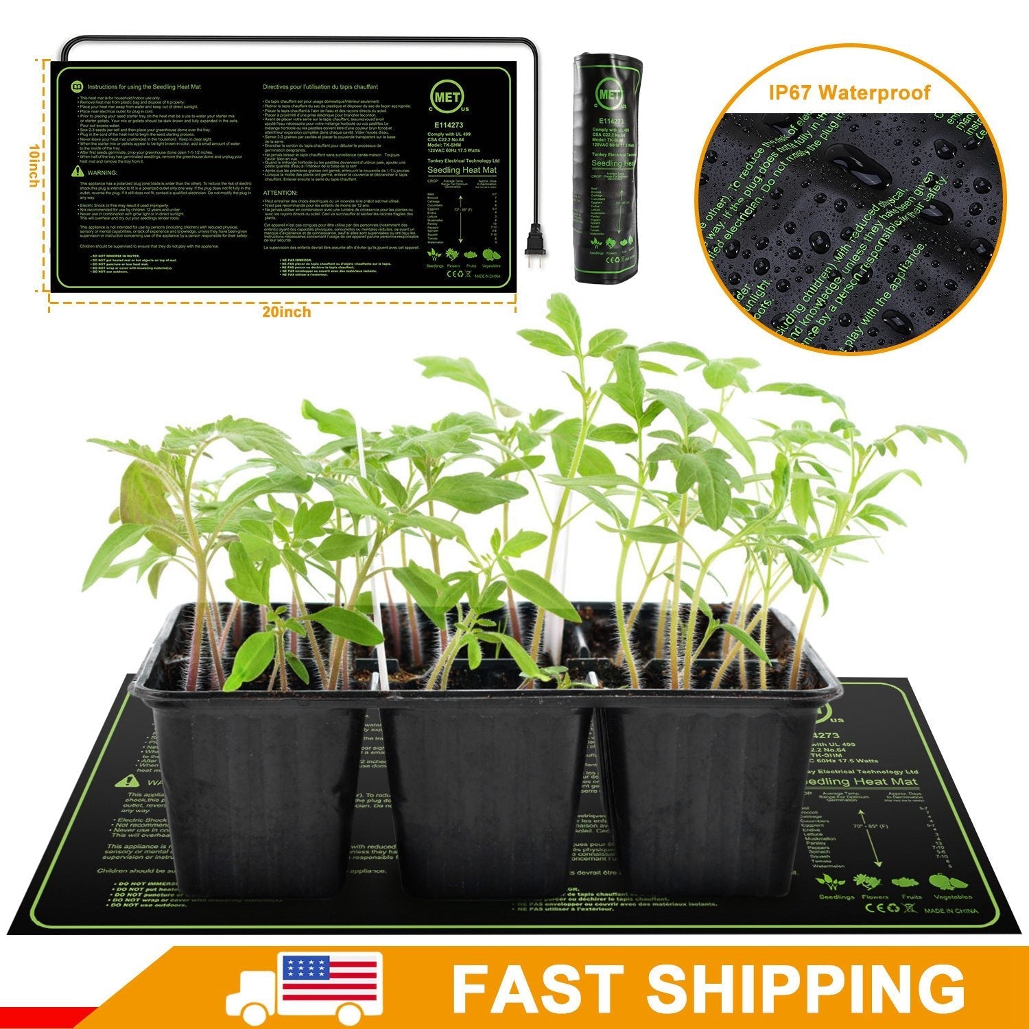 10" x 20" Seedling Heat Mat IP67 Waterproof Plant Warm Hydroponic Heating Pad 17.5W for Seed Germination Cloning Plant Propagation