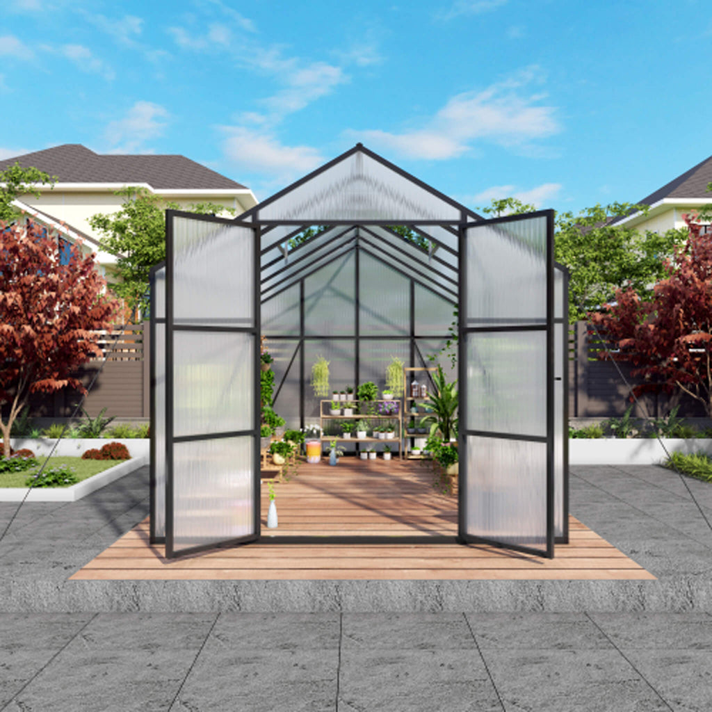 [08X12FT] All-Season Outdoor Backyard Polycarbonate Greenhouse With Raised Base And Aluminum Frame (SAK78614)