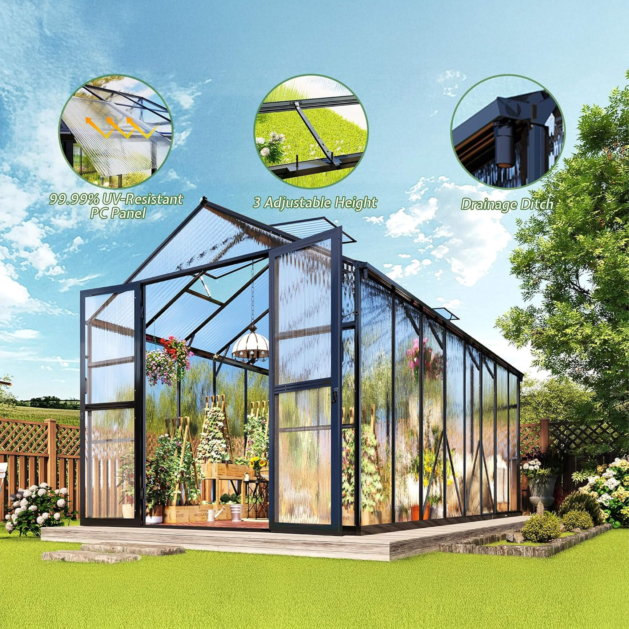 [08X16FT] Premium Polycarbonate Outdoor Walk-In Patio Greenhouse With Double Swing Doors, 4MM (SAK79206)