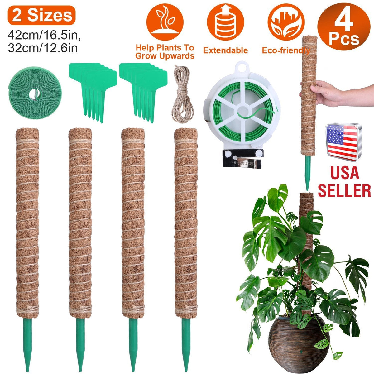 4Pcs Coco Coir Extendable Moss Pole for Climbing Plants Plant Support with 10 Labels 6.6Feet Jute Rope 6.6 Feet Fasten Strap 65.6 Feet Twist Tie Indoo