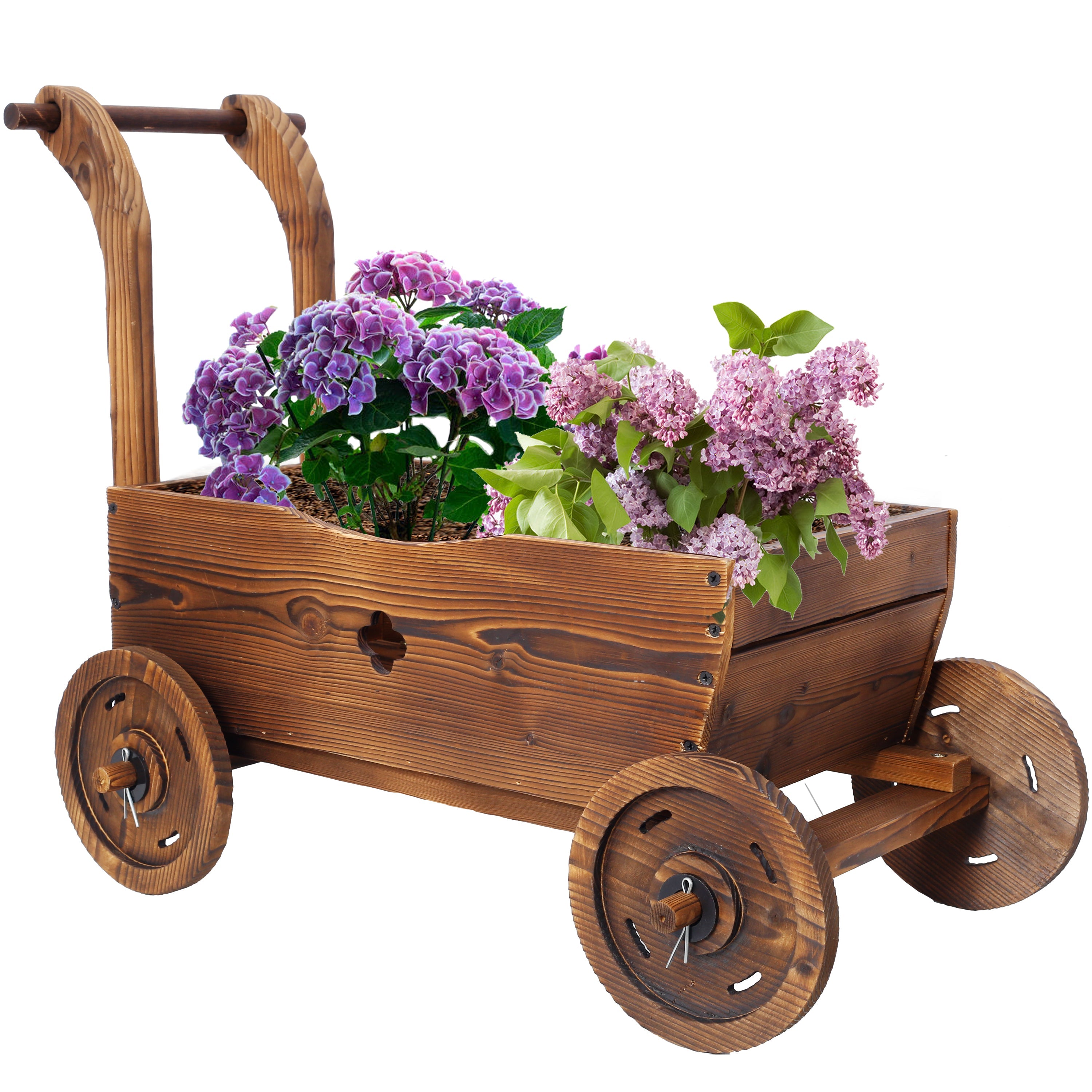 Wooden Wagon Planter Box, Mobile Garden Planter with Wheels, Handle, Drain Hole, Brown Wood, 26.5 x 14.1 x 21.2 inches