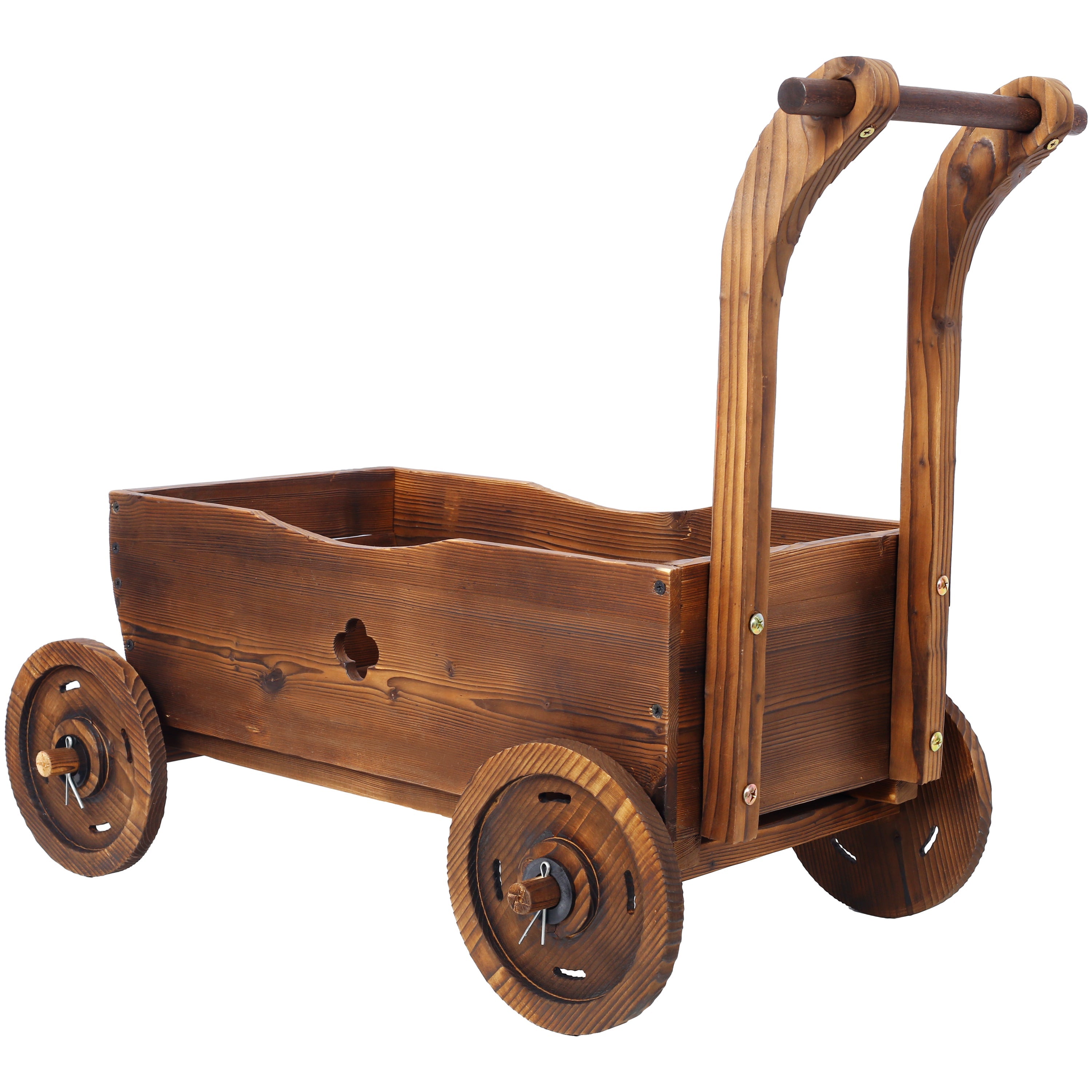 Wooden Wagon Planter Box, Mobile Garden Planter with Wheels, Handle, Drain Hole, Brown Wood, 26.5 x 14.1 x 21.2 inches
