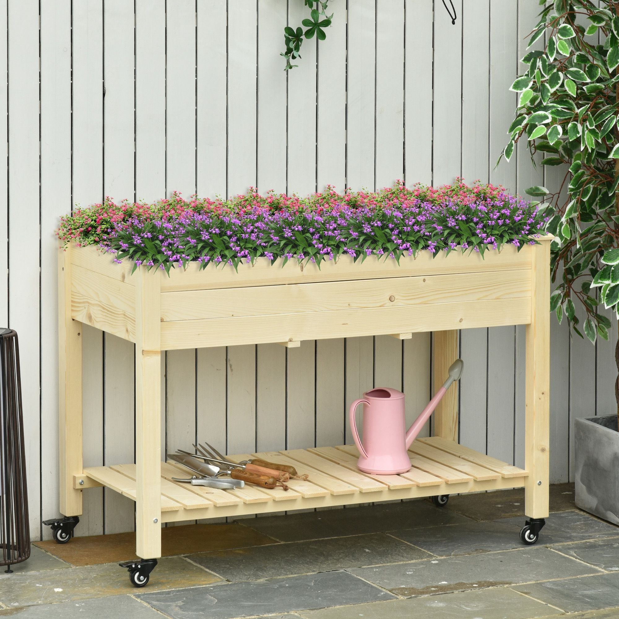 Outsunny Raised Garden Bed with Lockable Wheels and Storage Shelf, Natural Wood, 47 x 22 x 33 Inches