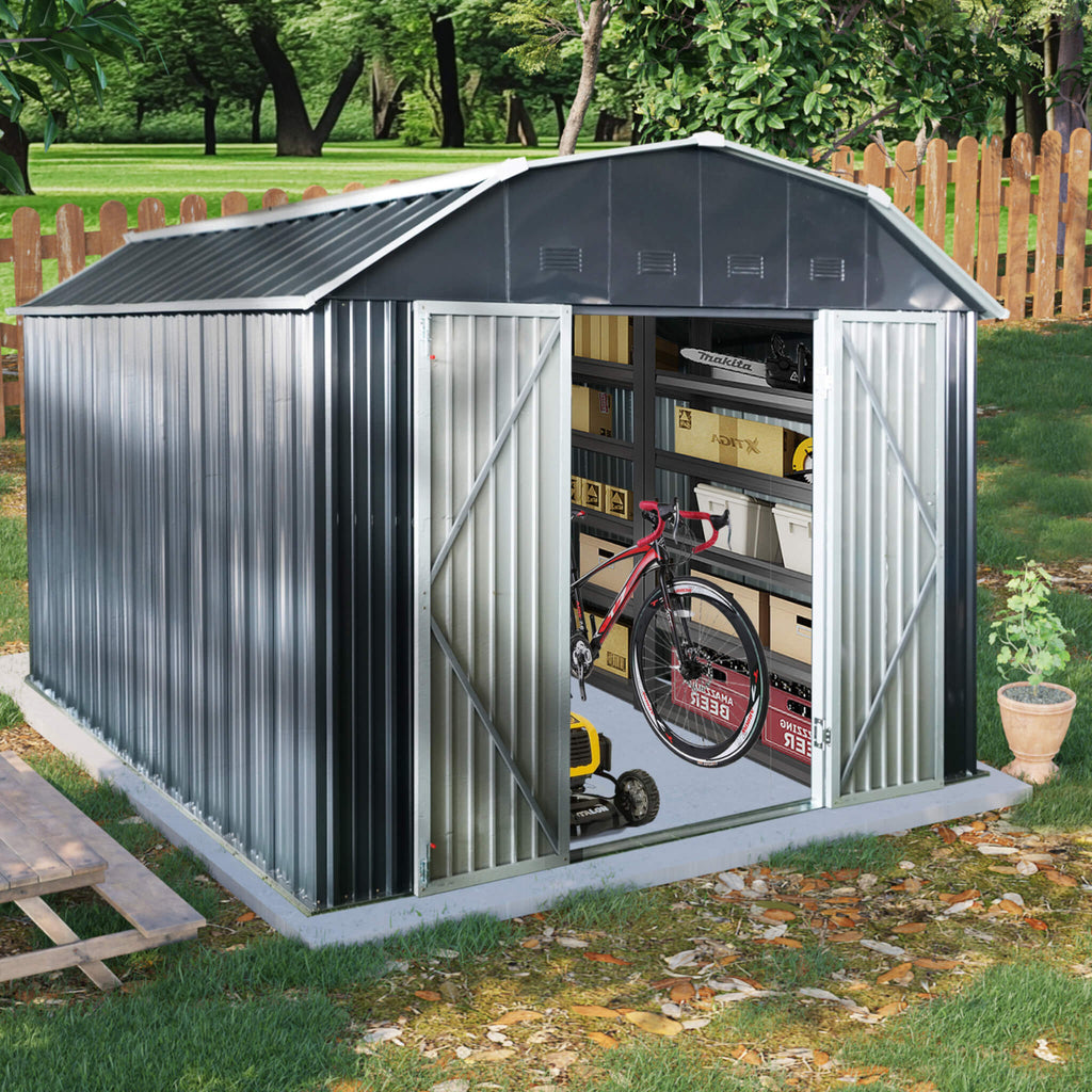 [10X12FT] Alora Heavy-Duty Outdoor Metal Garden Backyard Shed With Roof And Lockable Doors (SAK57431)