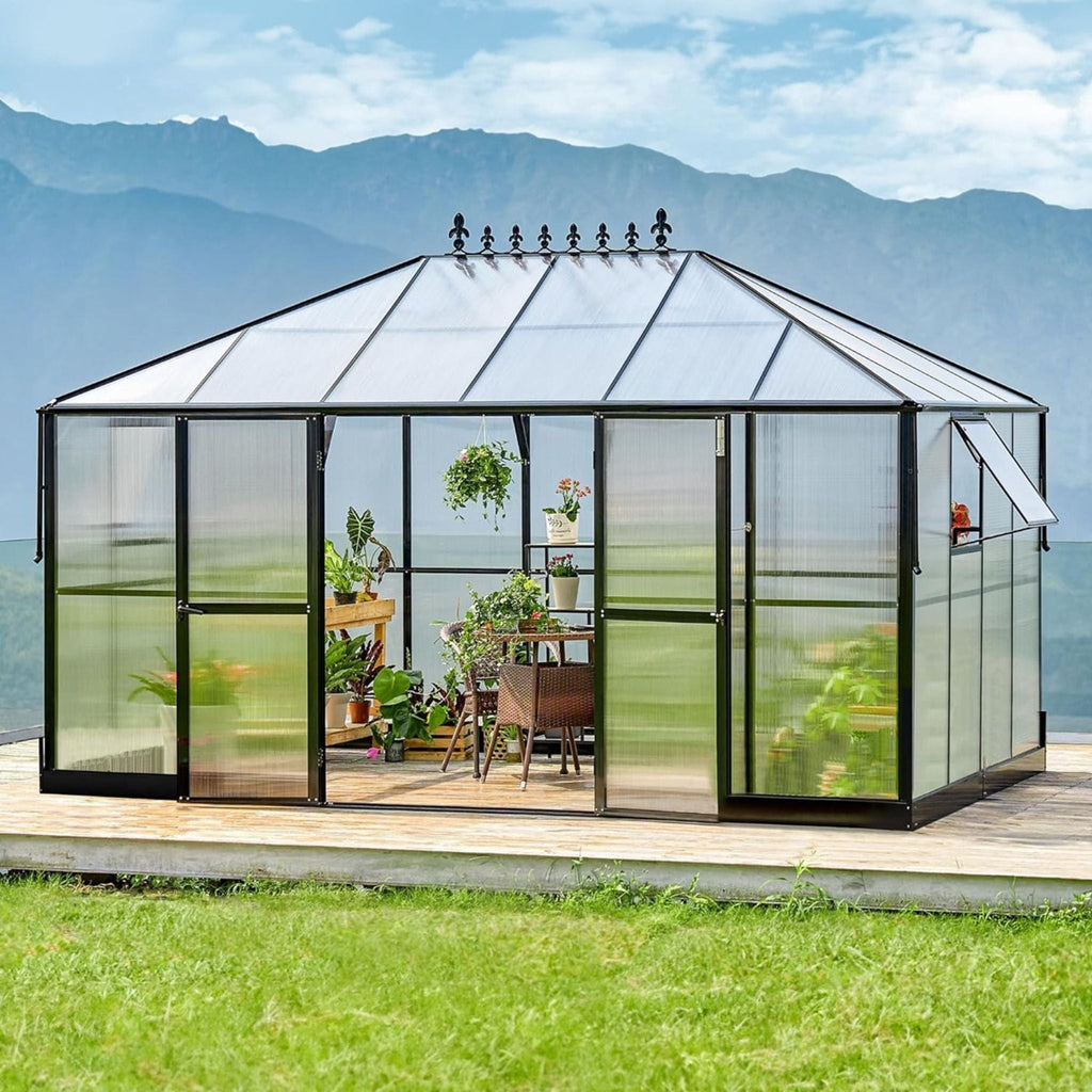 [10X14FT] Premium Outdoor Polycarbonate Greenhouse With Aluminum Frame And Double Swing Doors (SAK23168)