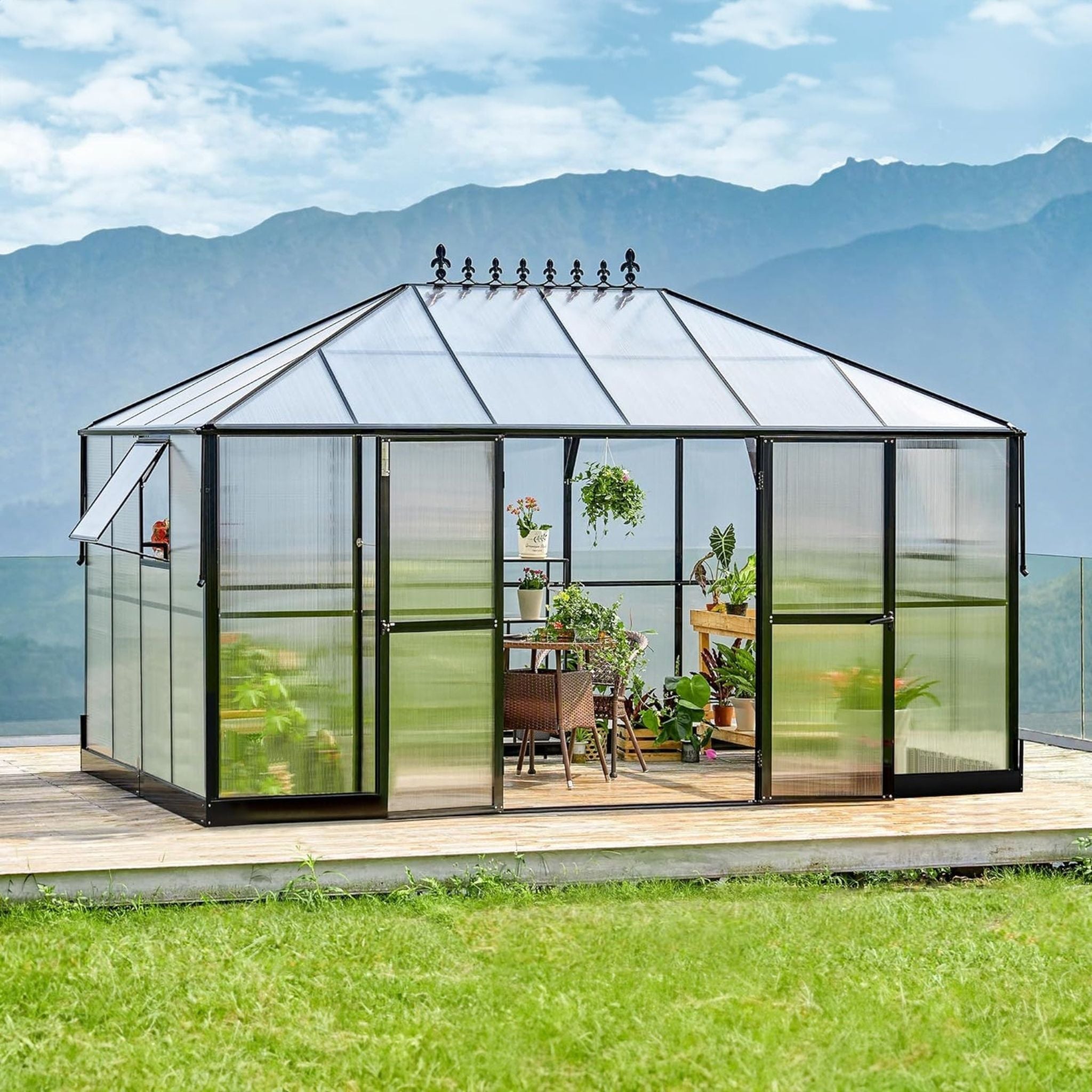 [10X14FT] Premium Outdoor Polycarbonate Greenhouse With Aluminum Frame And Double Swing Doors (SAK23168)