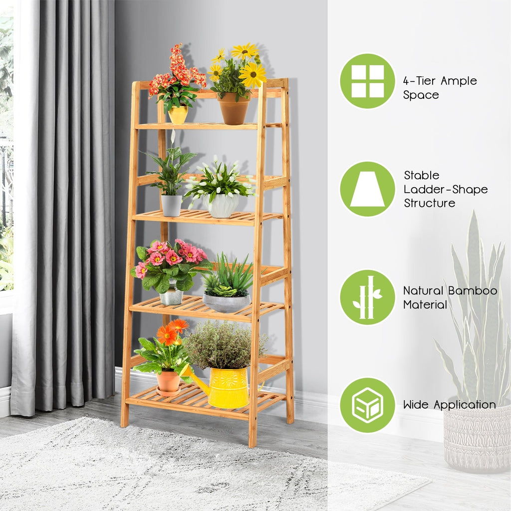 4-Tier Bamboo Plant Rack with Guardrails Stable and Space-Saving