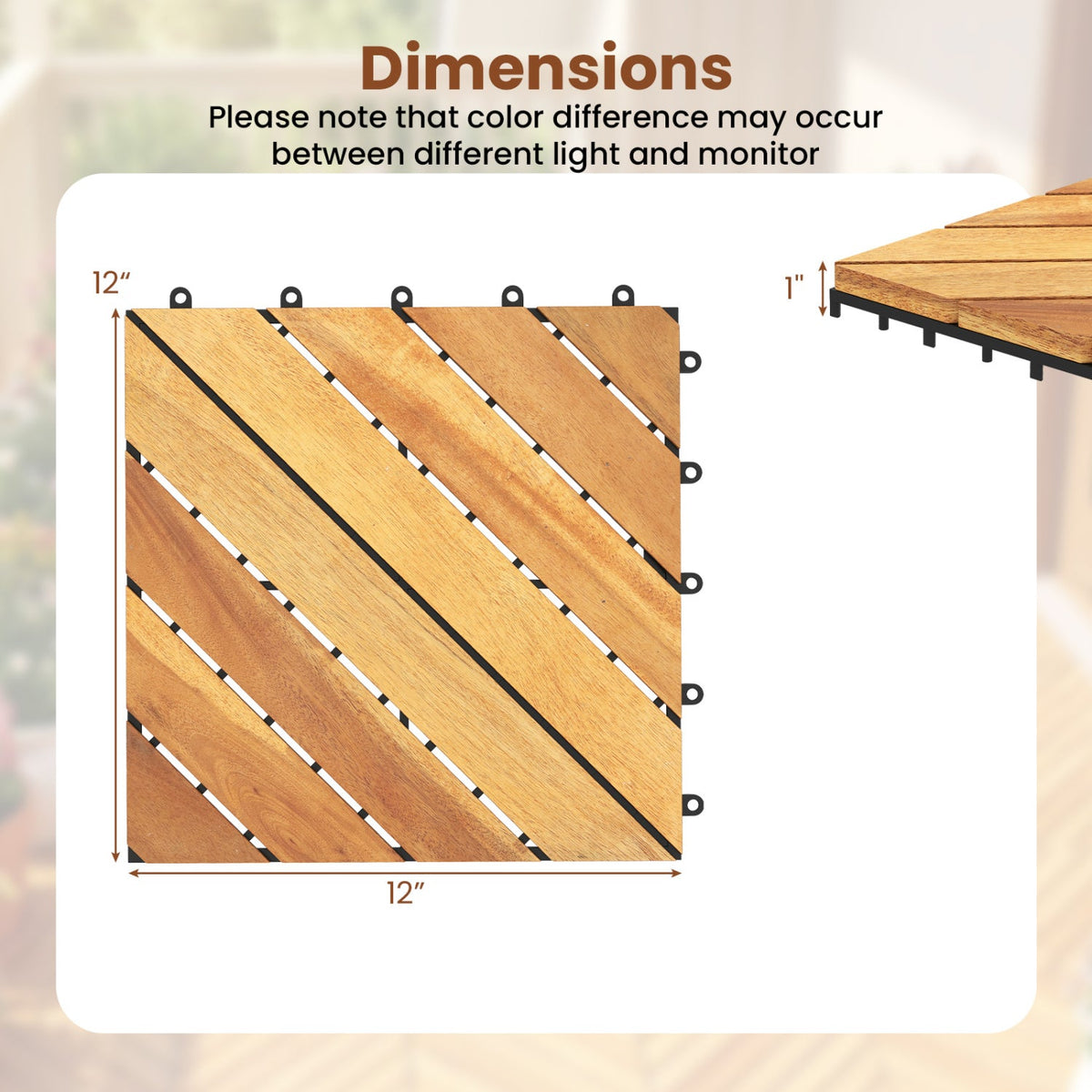 Acacia Wood Interlocking Deck Tiles 12x12 Inch - 24 Pack