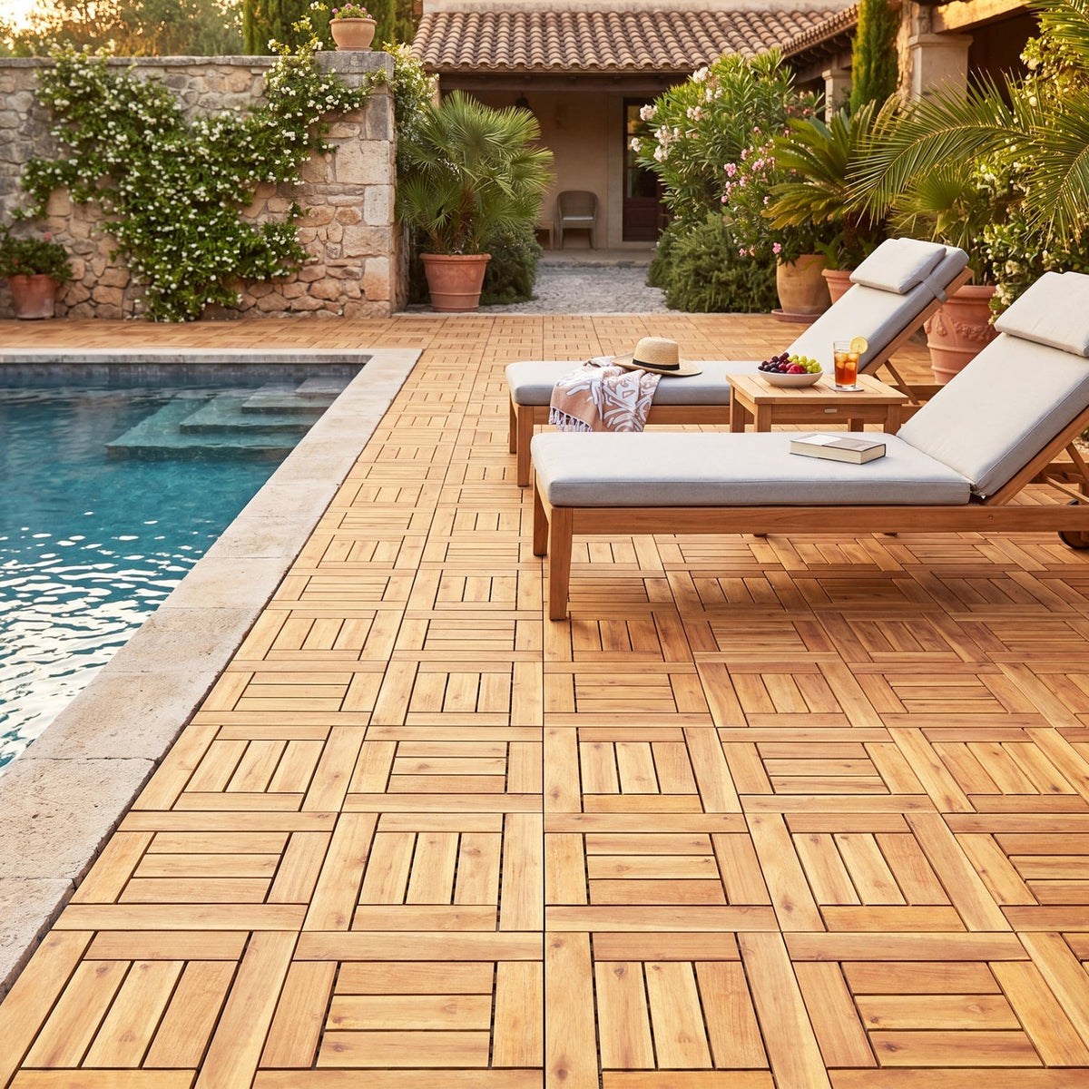 Acacia Wood Interlocking Deck Tiles 12" x 12" - Natural