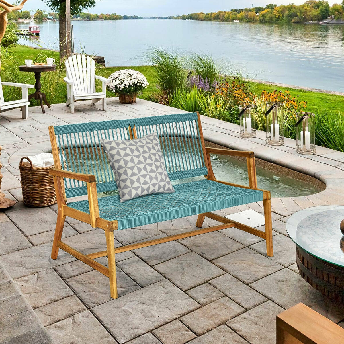 2-Person Acacia Wood Yard Bench for Balcony and Patio-Turquoise