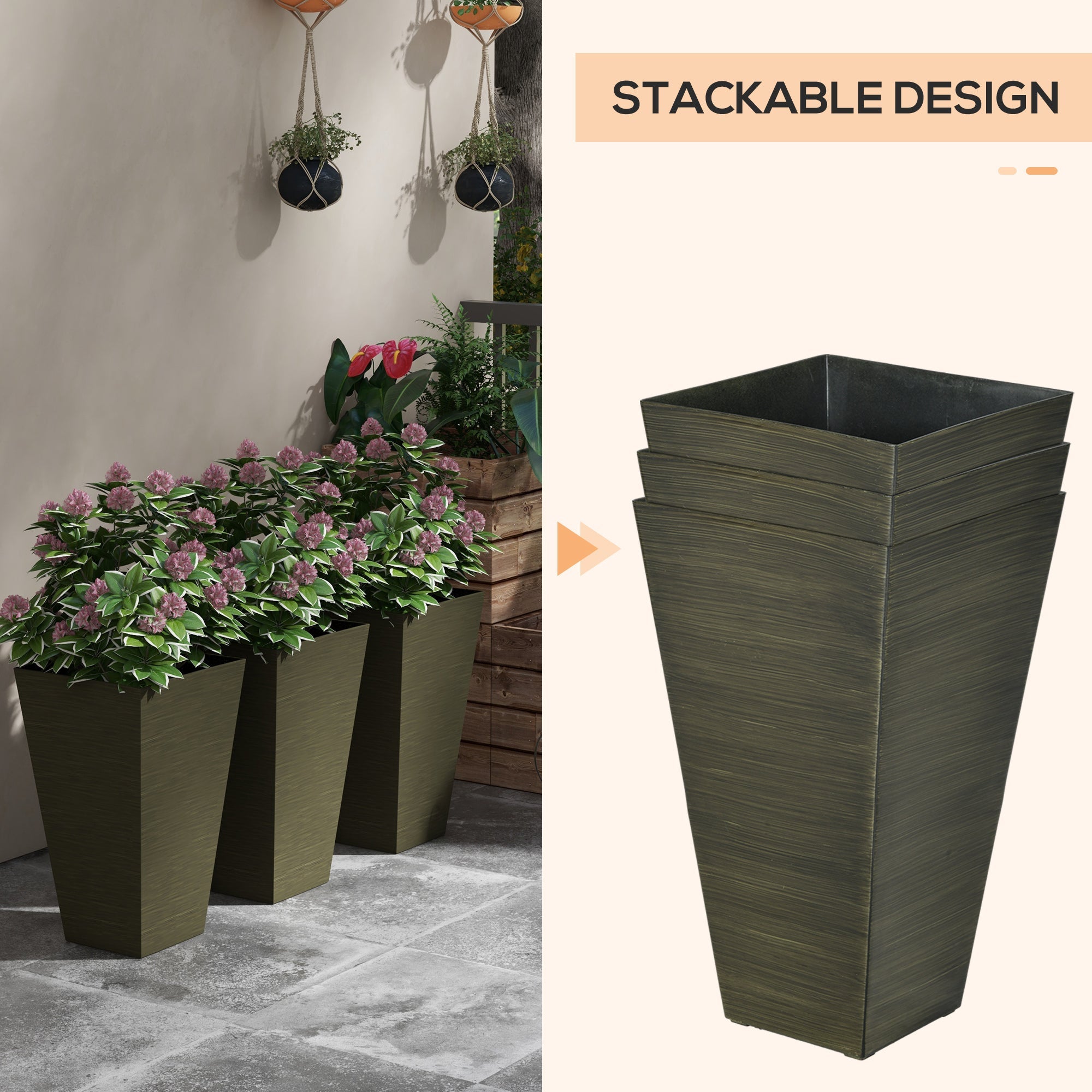 Outsunny 28' Tall Outdoor Planters, Set of 3 Large Taper Planters with Drainage Holes and Plug, Faux Wood Plastic Flower Pots for Outdoor, Indoor, Garden, Patio, Dark Brown