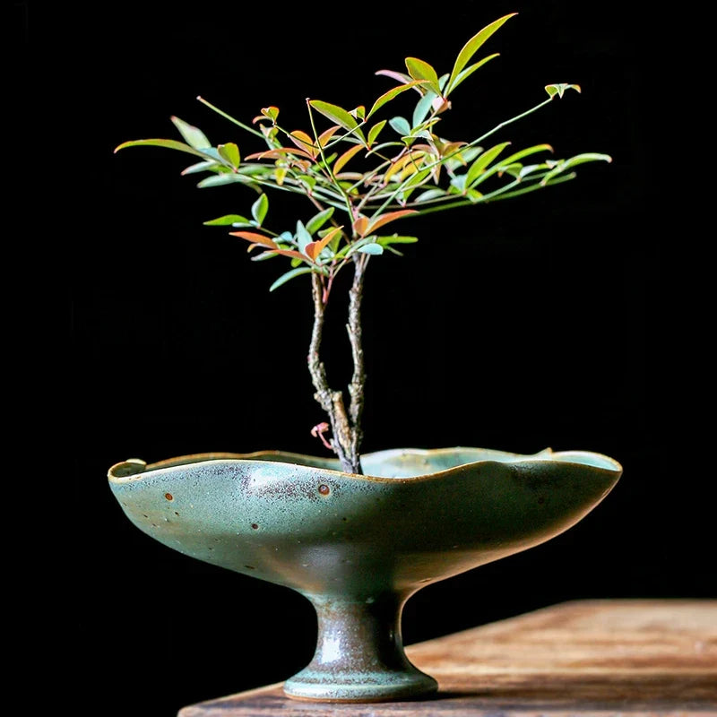 Wabi-Sabi Lotus Leaf Edge Ikebana Ceramic Vase – Zen Floral Vessel