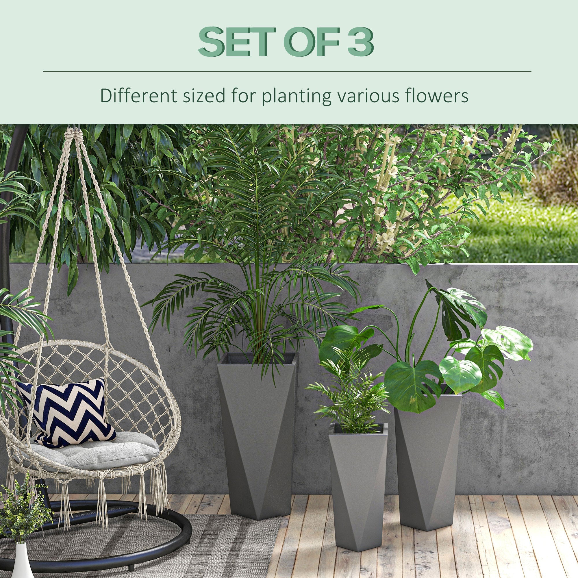 Outsunny Set of 3 Tall Planters, 28.75', 24.5', 20.5', MgO Indoor Outdoor Planters with Drainage Holes, Stackable Flower Pots for Garden, Patio, Balcony, Front Door, Gray