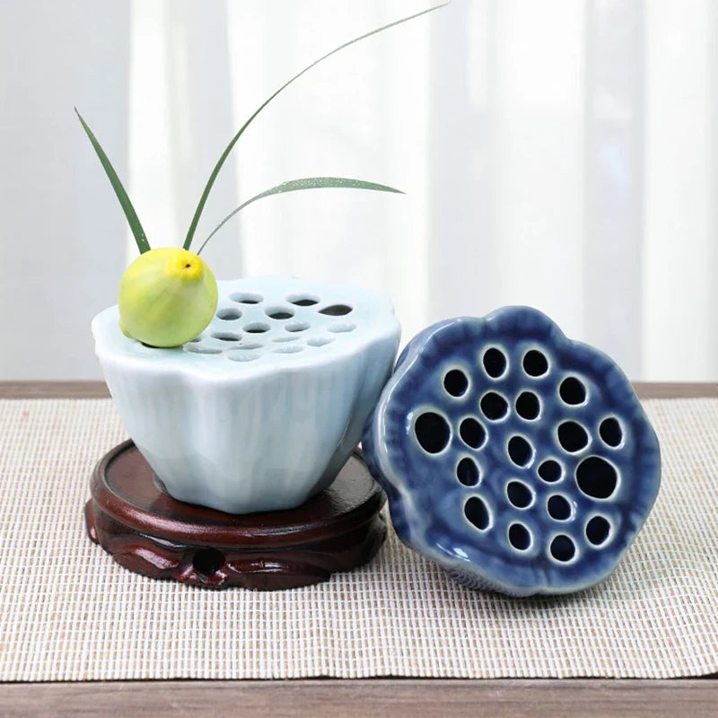 Japanese Ceramic Lotus Ikebana Flower Vase – Zen Floral Vessel with Built-In Frog Holder