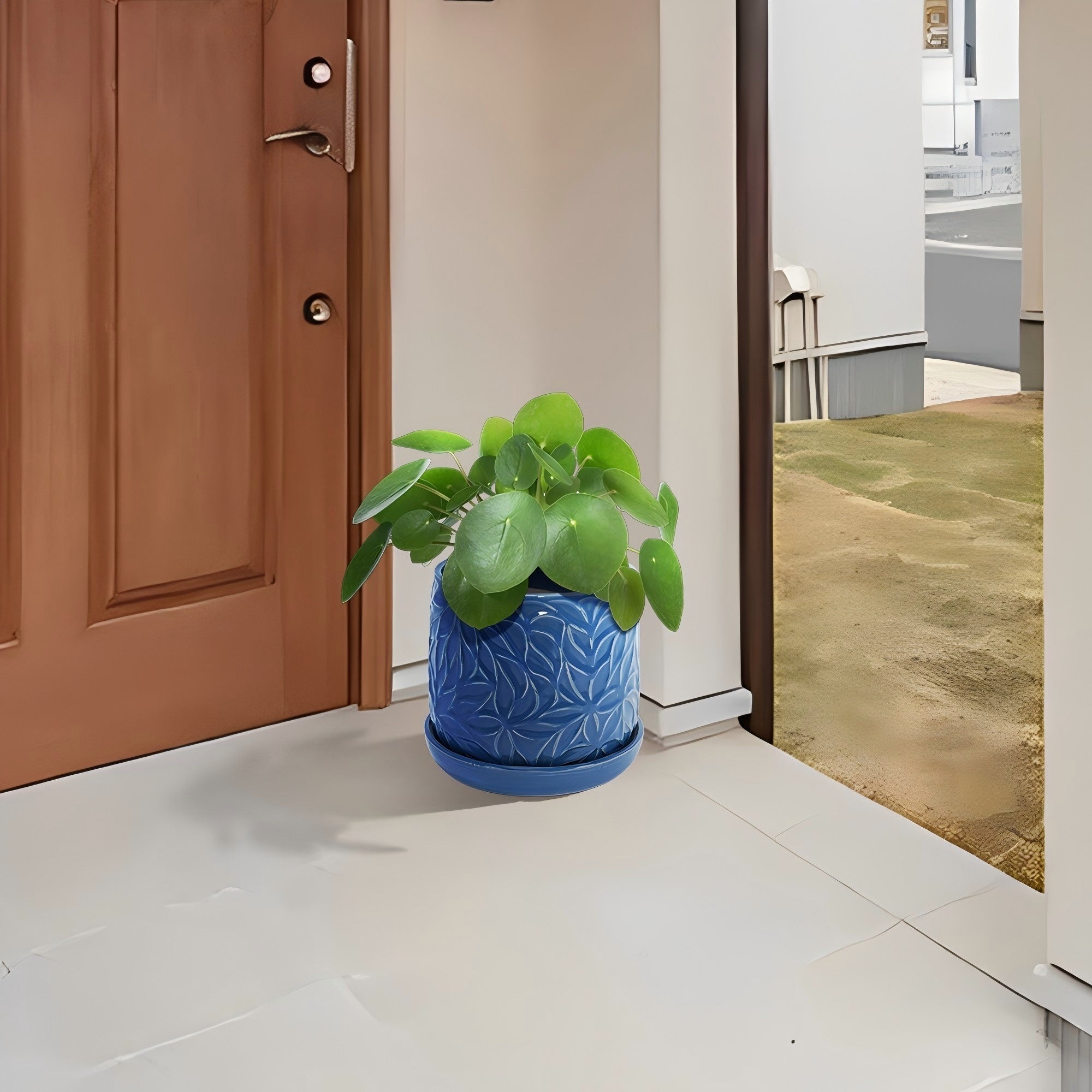 Set of 2 Ceramic Flowerpot, 7' Modern Planter for Patio, Garden, Windowsill - Navy Blue