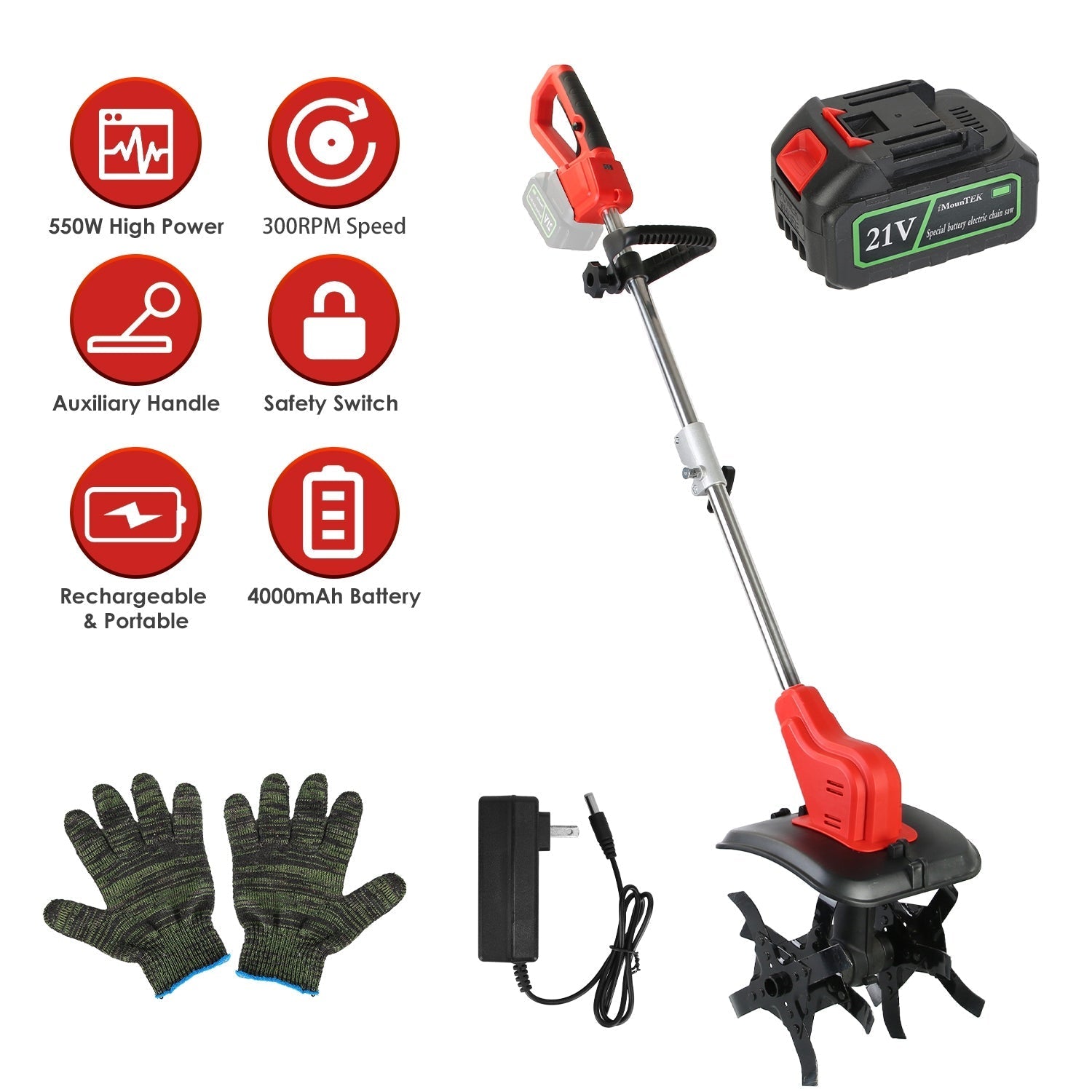21V Electric Cordless Tiller Cultivator Powered Garden Tiller with 4 Blades 16 Steel Tines 550W 300RPM 4000mAh Battery Tilling 9-in Width & 9-in Depth