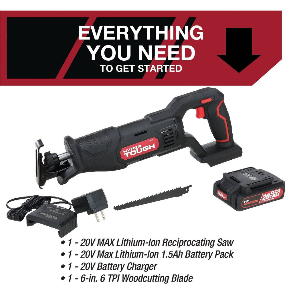Hyper Tough 20V Max Lithium-ion Cordless Reciprocating Saw, Variable Speed, Keyless Blade Change, with 1.5Ah Lithium-Ion Battery and Charger, Wood Blade and LED Light, New Condition