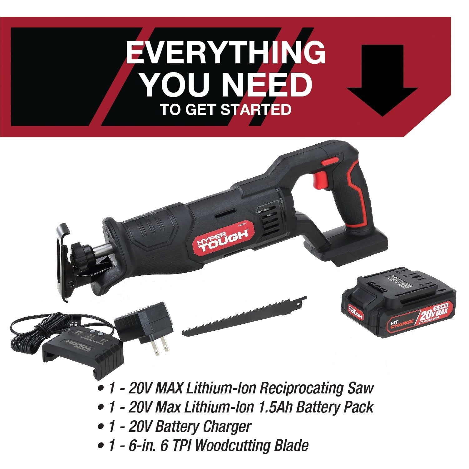 Hyper Tough 20V Max Lithium-ion Cordless Reciprocating Saw, Variable Speed, Keyless Blade Change, with 1.5Ah Lithium-Ion Battery and Charger, Wood Blade and LED Light, New Condition