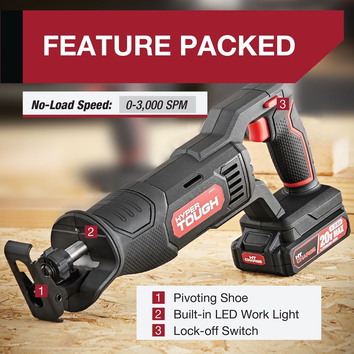 Hyper Tough 20V Max Lithium-ion Cordless Reciprocating Saw, Variable Speed, Keyless Blade Change, with 1.5Ah Lithium-Ion Battery and Charger, Wood Blade and LED Light, New Condition