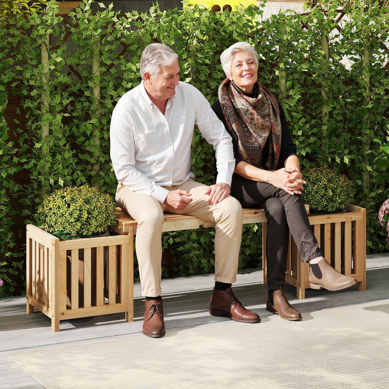 Patio Wooden Bench with Planter 2 Person Patio Bench-Natural