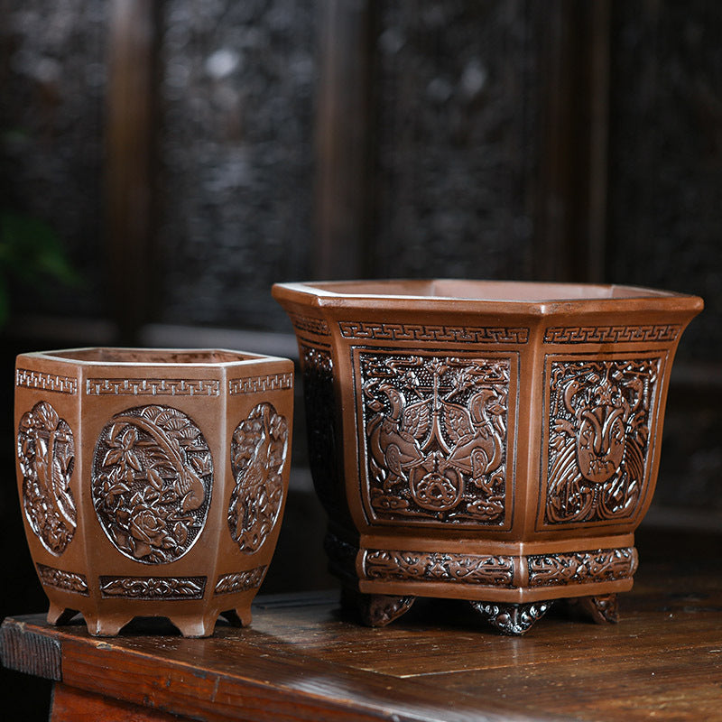 Purple Sand Flowerpot Clivia Antique-Style Relief