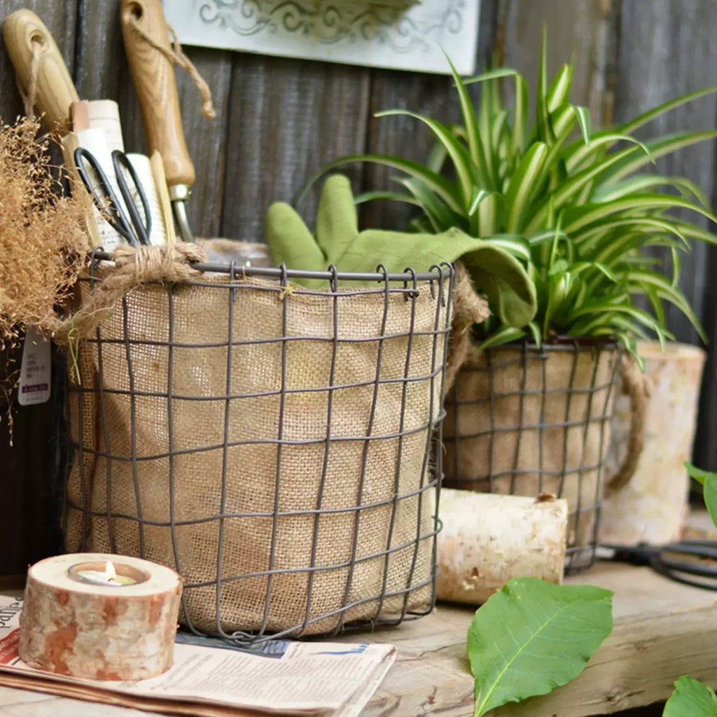 Rustic Wire & Burlap Planter Basket