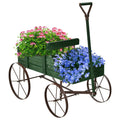Green Wooden Wagon Planter Bed With Wheels for Garden Yard