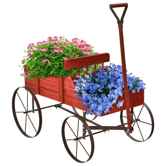 Red Wooden Wagon Planter Bed With Wheels for Garden Yard