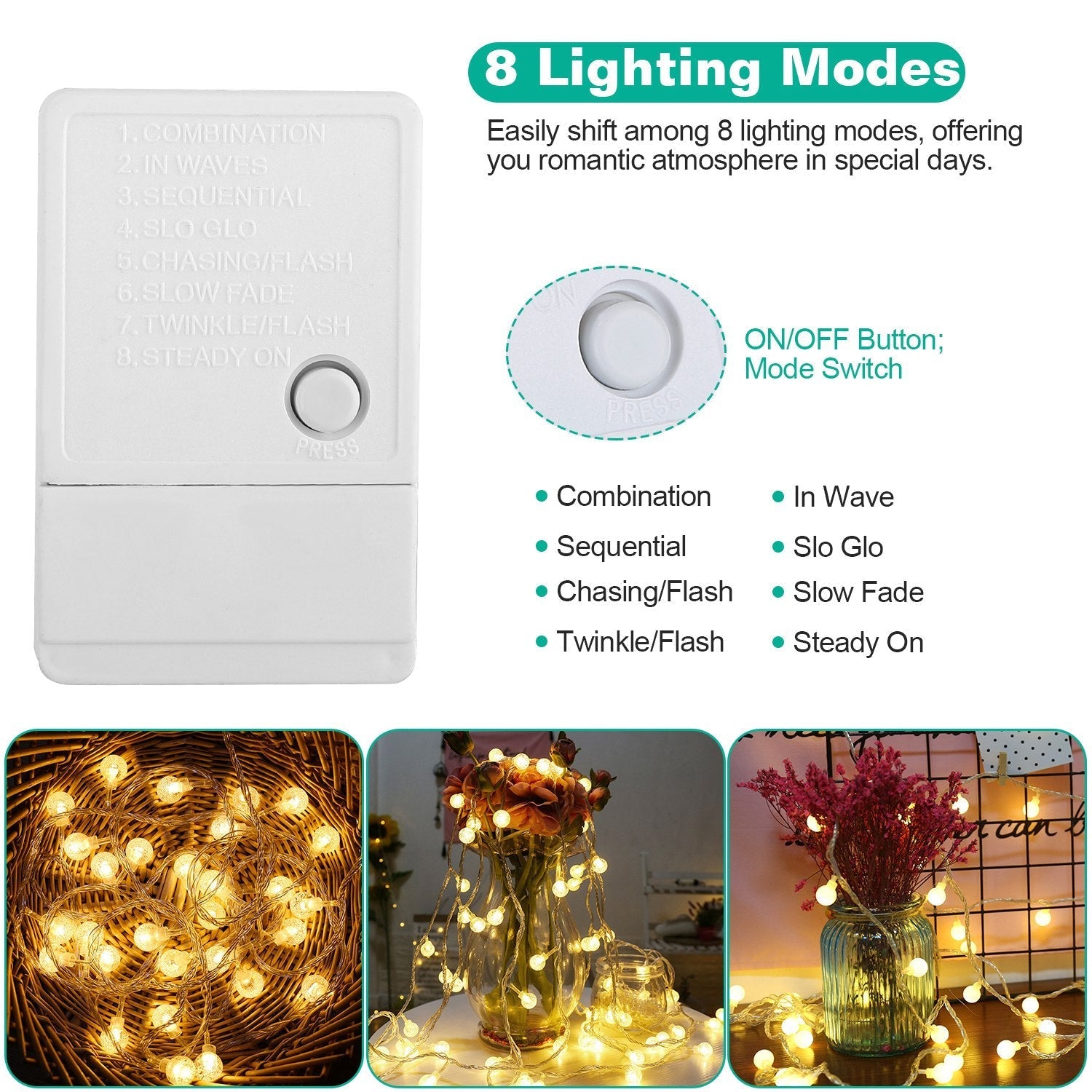 32.8Feet Globe String Lights 100 Ball LED Fairy Lamps IP44 Waterproof Decorative Lights with 8 Lighting Modes for Garden Lawn Patio