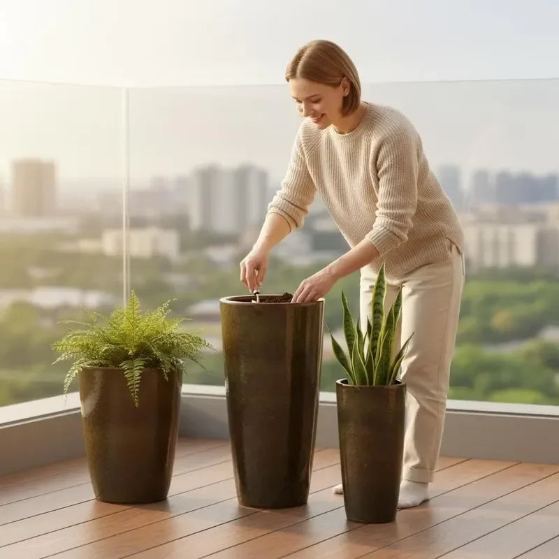 Large Tall Glazed Ceramic Floor Planter Trio Set – Gold-Bronze Fusion