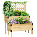 Outsunny Raised Garden Bed with Trellis, 2 Tier Wooden Elevated Planter Box with Legs and Metal Corners for Vegetables, Flowers, Herbs, Natural