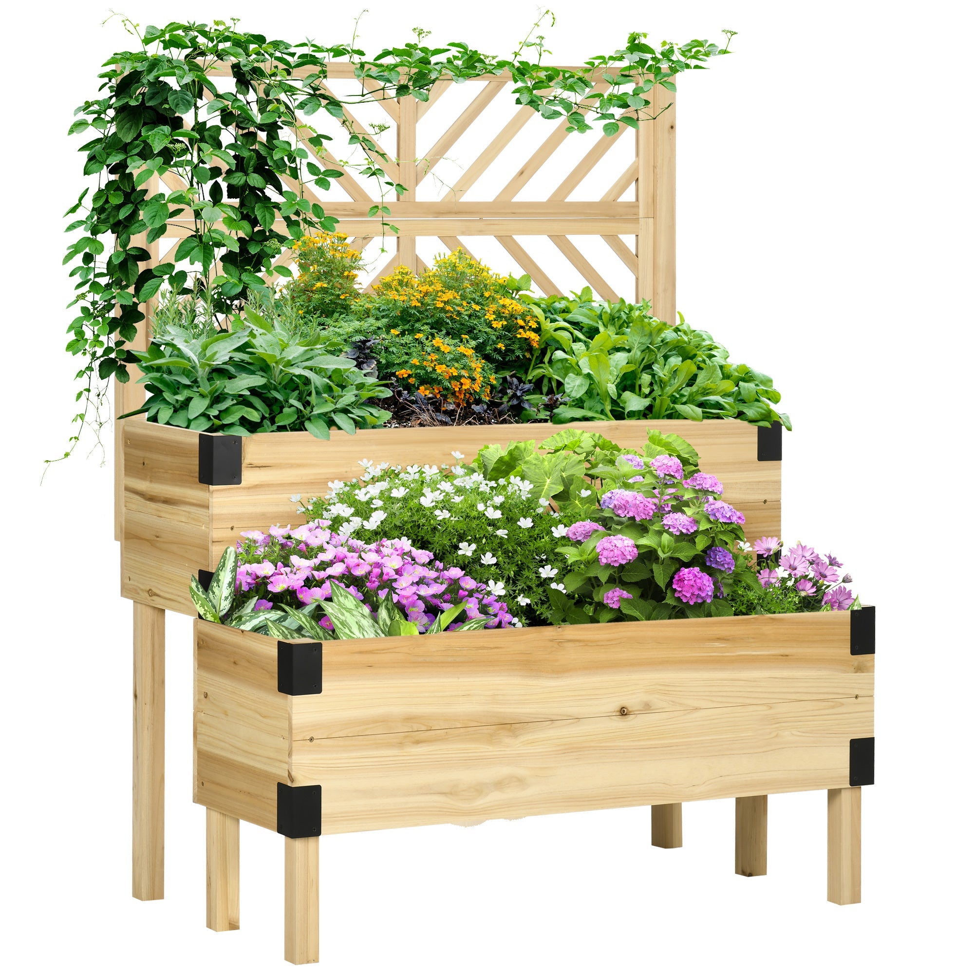 Outsunny Raised Garden Bed with Trellis, 2 Tier Wooden Elevated Planter Box with Legs and Metal Corners for Vegetables, Flowers, Herbs, Natural