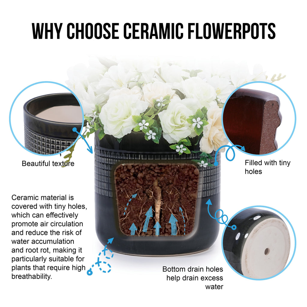 3 Pieces Ceramic Flowerpot, Modern Planter for Patio, Garden or Windowsills - Black