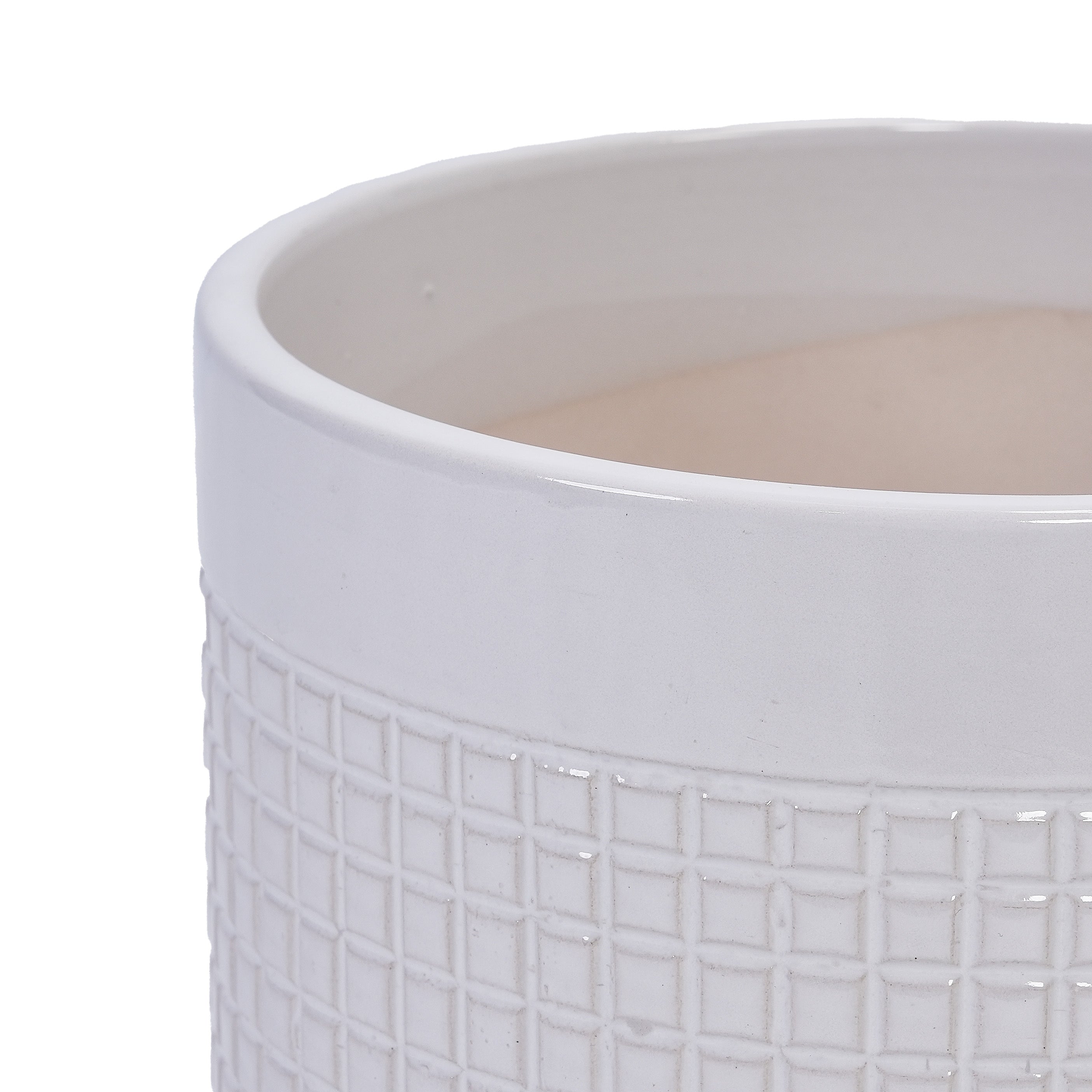 Set of 3 Grid Ceramic Flowerpot, Modern Planter for Patio, Garden, Windowsill - Ancient White