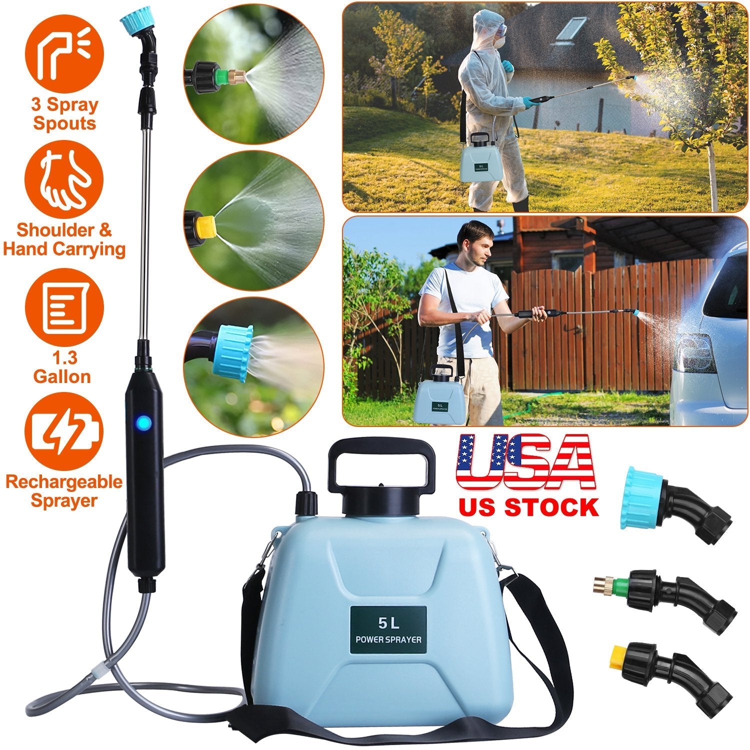 5L/1.3Gallon Electric Plant Sprayer Telescopic Rechargeable Garden Sprayer Automatic Handheld Sprayer with 3 Spray Spouts Shoulder Strap for Cleaning
