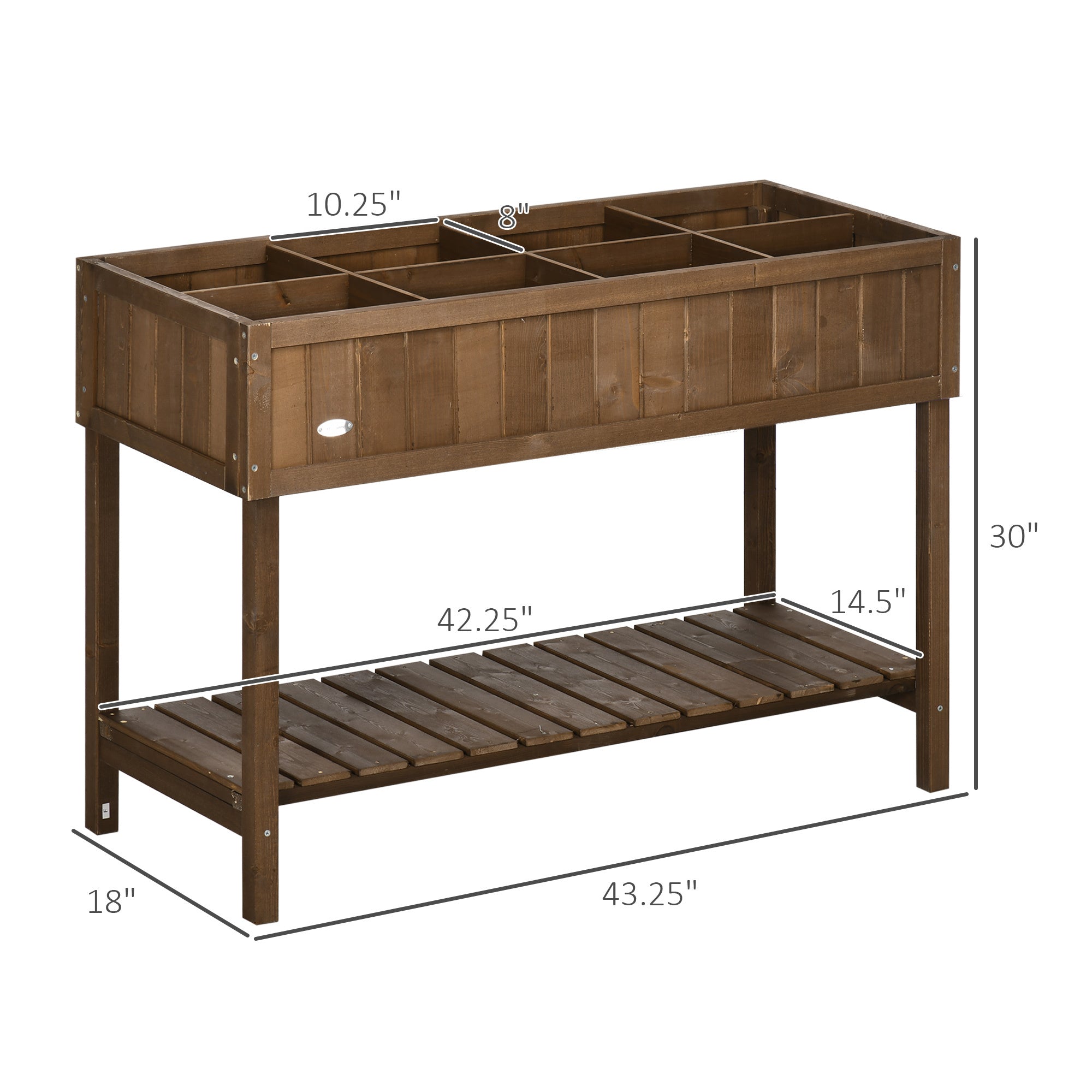 Outsunny 43x18x30in Raised Garden Bed with 8 Pockets and Shelf, Wooden Elevated Planter Box with Legs to Grow Herbs, Vegetables, and Flowers, Dark Brown