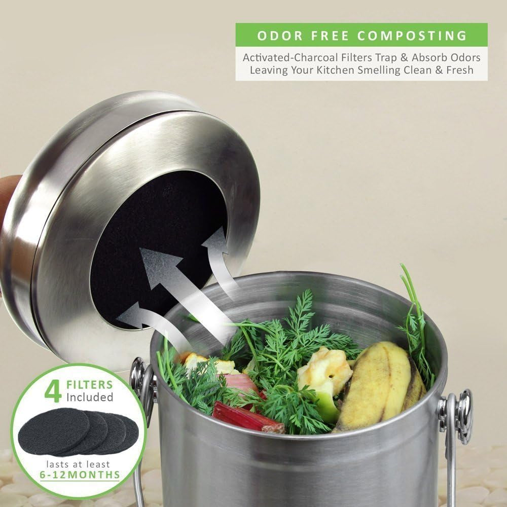 Stainless Steel Compost Bin - 1.3 Gallon Premium Grade 304 Stainless Steel Kitchen Composter - Includes 4 Charcoal Filter, Indoor Countertop Kitchen Recycling Bin Pail