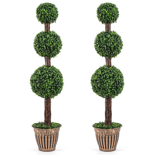 4 FT Artificial Triple Ball Boxwood Tree with Cement-filled Retro Planter Set of 2-Green