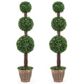 4 FT Artificial Triple Ball Boxwood Tree with Cement-filled Retro Planter Set of 2-Green