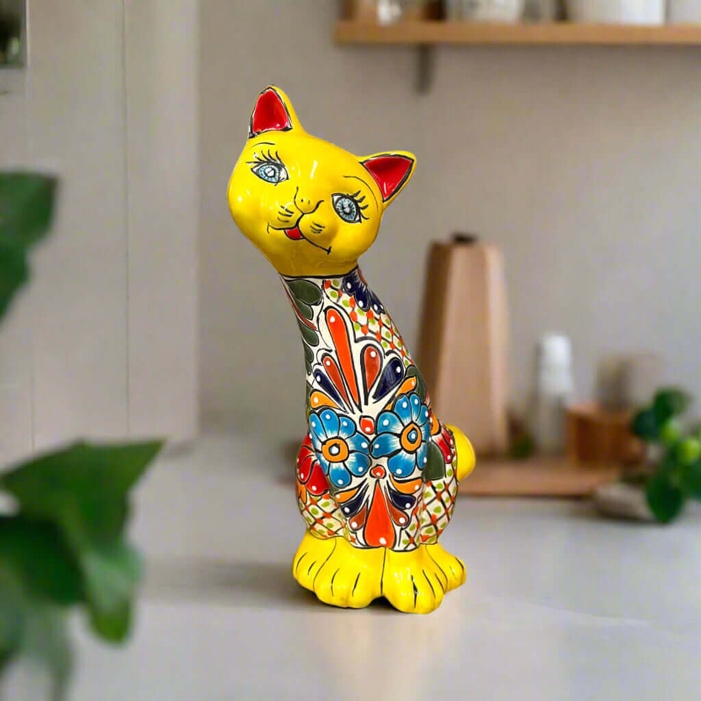 Talavera Curious Cat Statue | Handcrafted Mexican Folk Art Cat Figurine