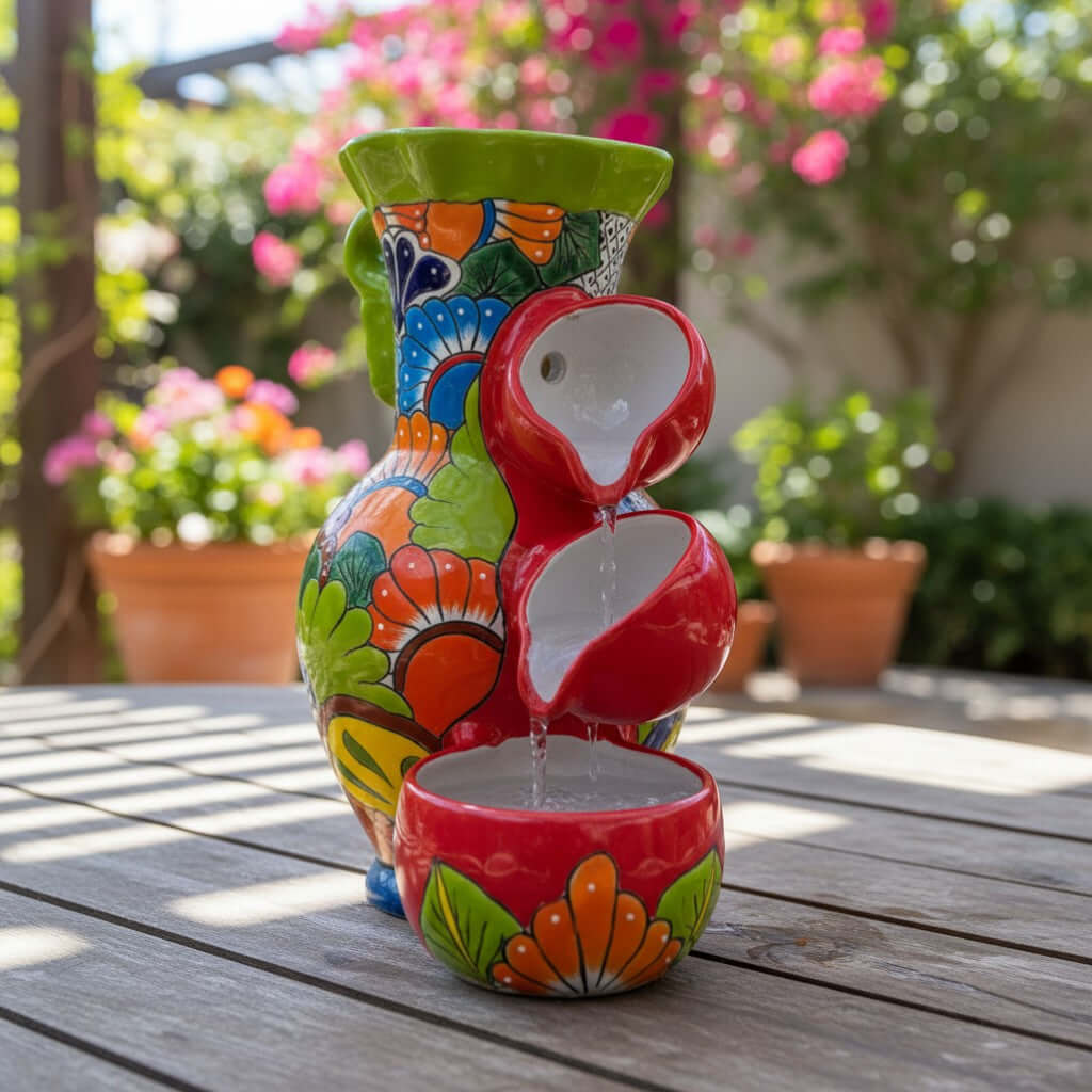 Colorful Green Rim Talavera Fountain | Mexican Ceramic Decor