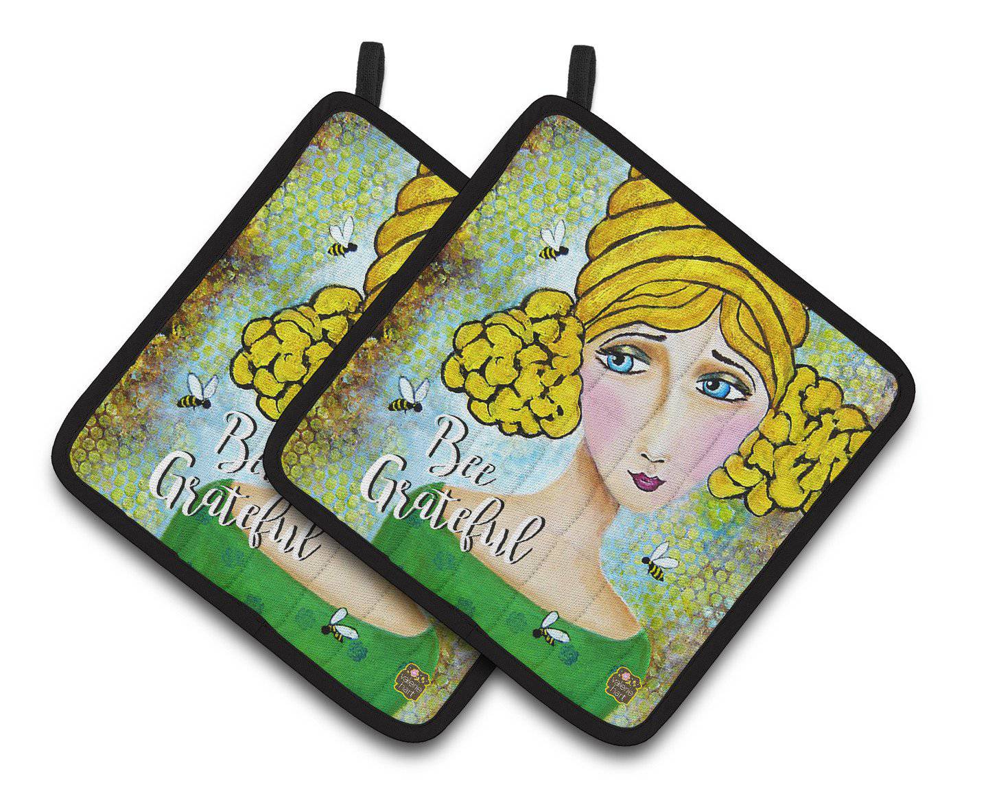 Bee Grateful Girl with Beehive Pot Holders - Set of 2 Decorative Kitchen Helpers | Made in the USA VHA3008PTHD