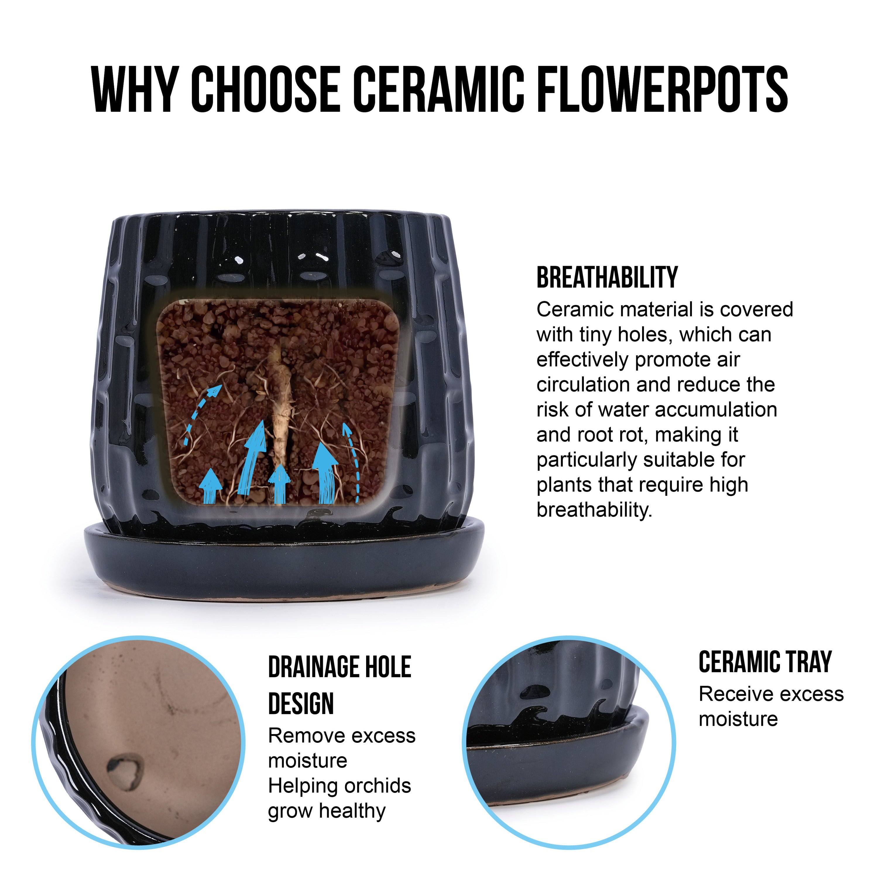 Set of 2 Ceramic Flowerpot, 7' Modern Planter for Patio, Garden, Windowsill - Black