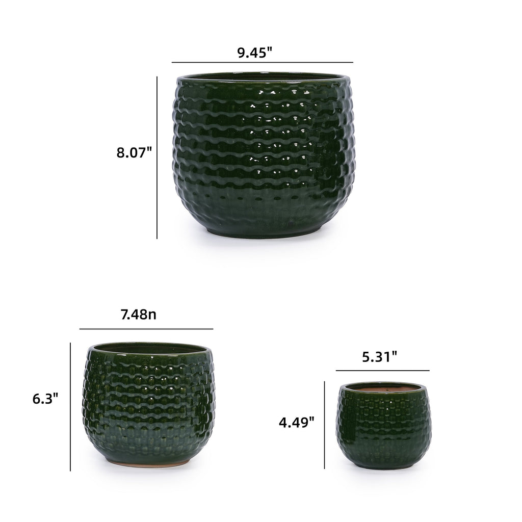 3 Pieces Ceramic Flowerpot, Modern Planter for Patio, Garden or Windowsills - Dark Green