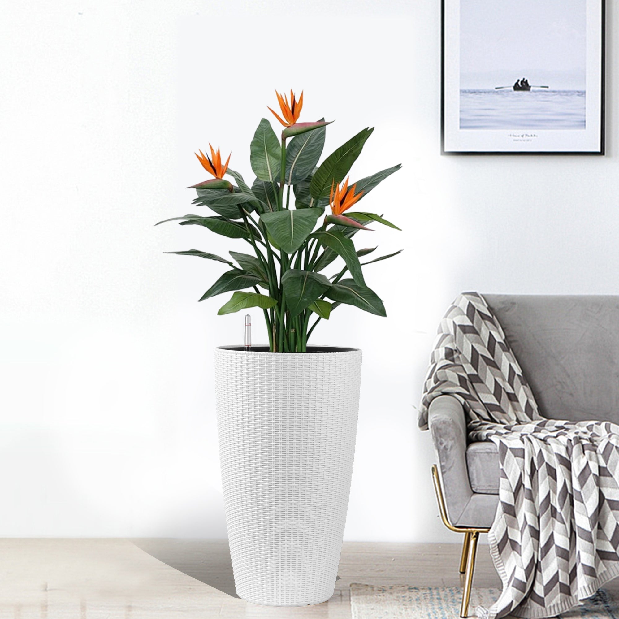 Faux Rattan Tall Planters Set with Water Level Monitor and Automatic Watering, White, Polypropylene, 22 Inch
